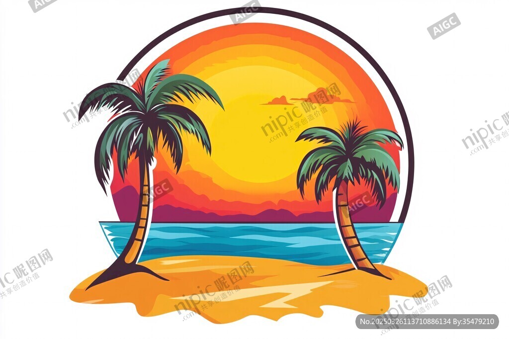 夏日海灘夕陽與棕櫚樹