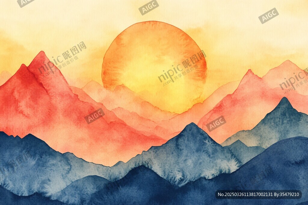 日出映群山水彩風(fēng)景畫