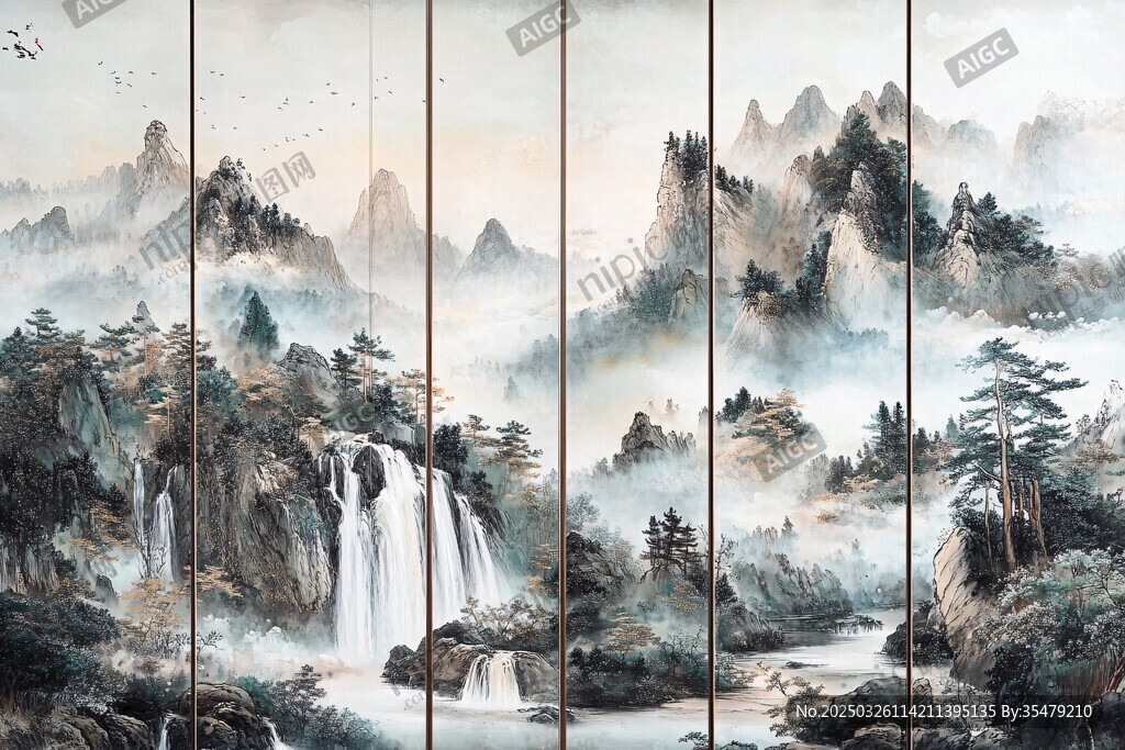 山水墨韻屏風畫