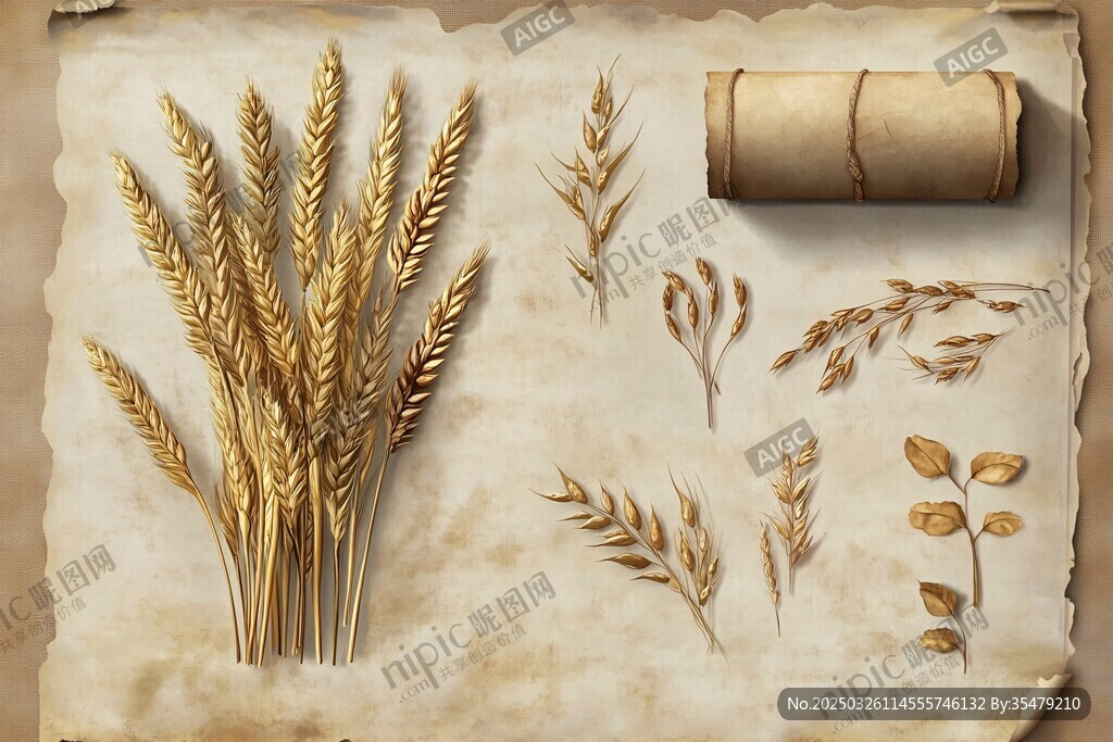復古風小麥植物標本插畫