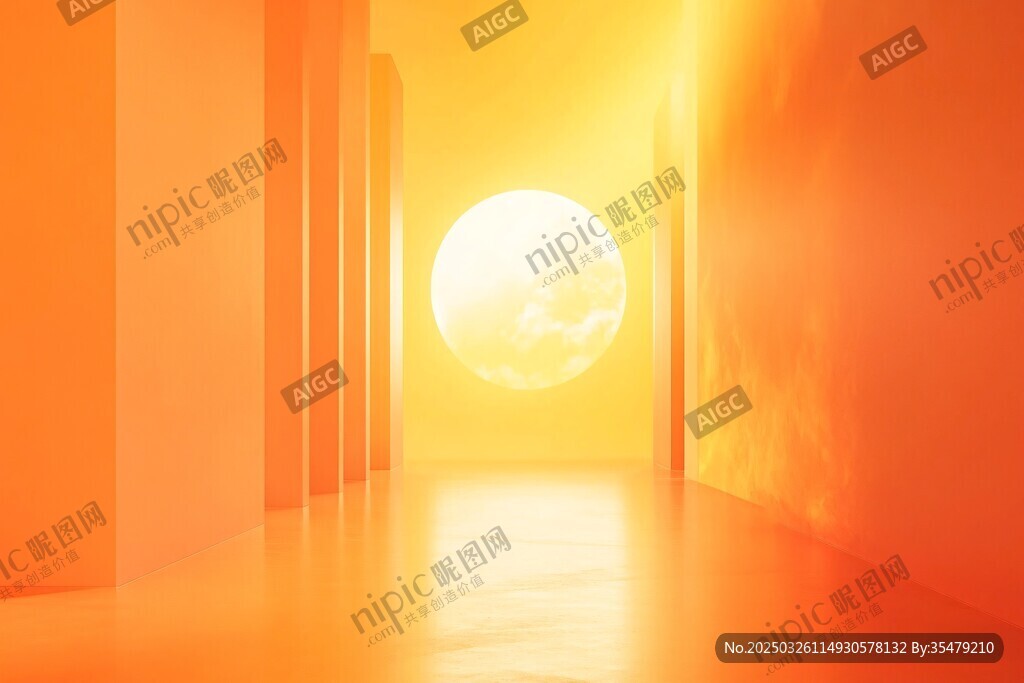 橙黃空間中的明亮圓球