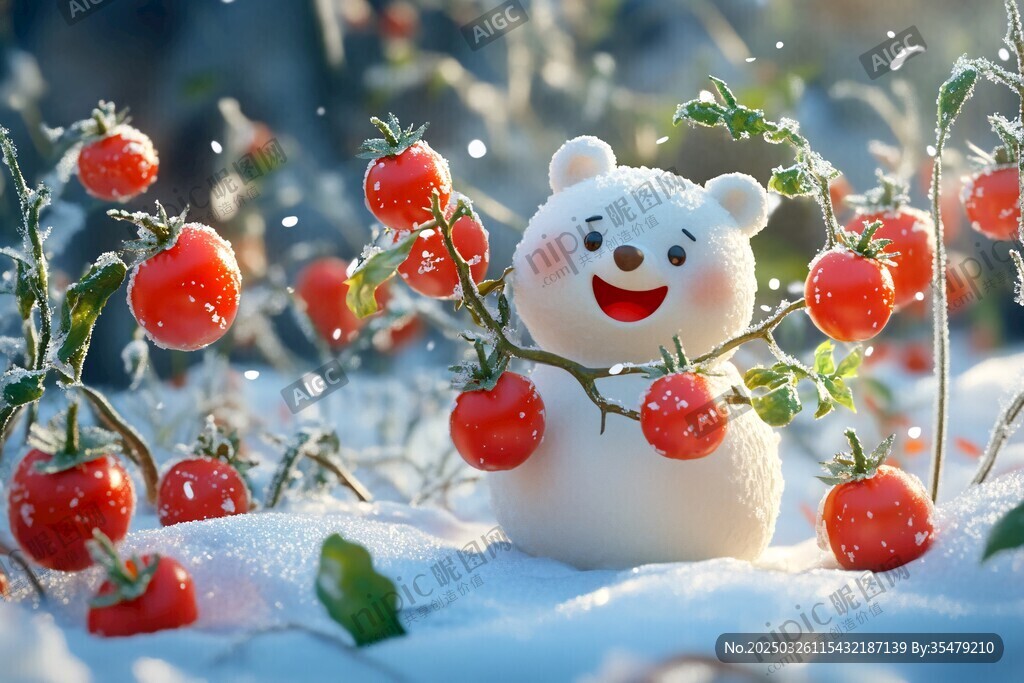 雪中小熊伴番茄的夢幻場景