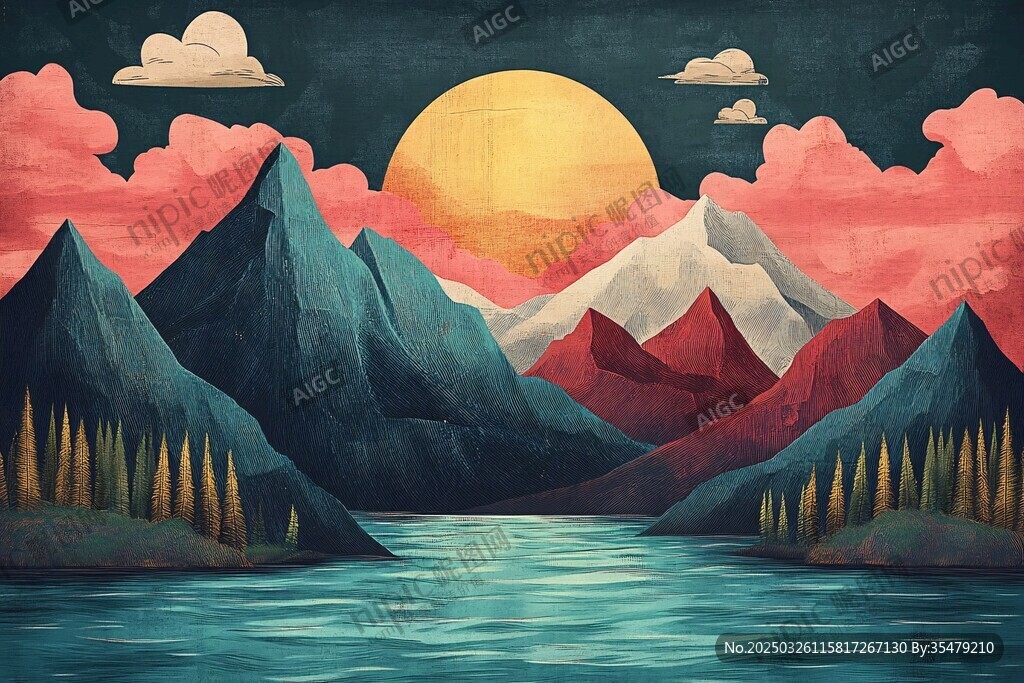 日落山川湖畔夢幻風(fēng)景