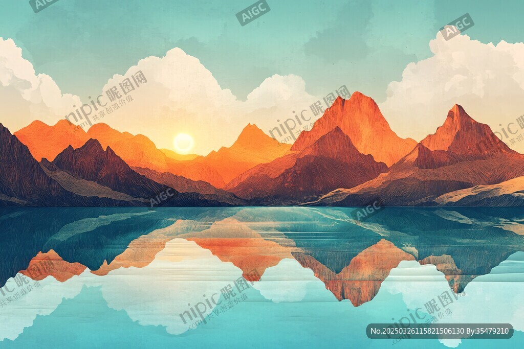 夕陽下的山水倒影美景