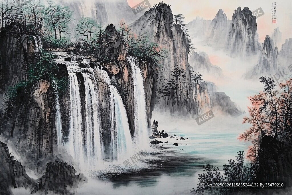 山水瀑布國畫風景圖