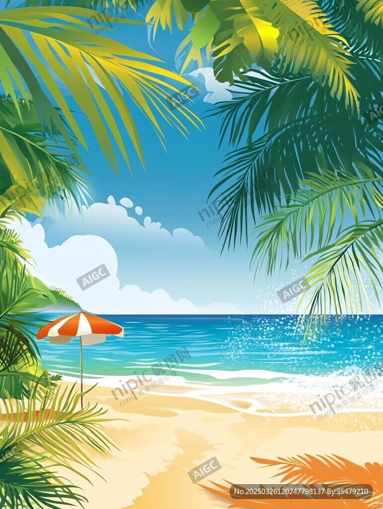 夏日海灘椰林度假美景