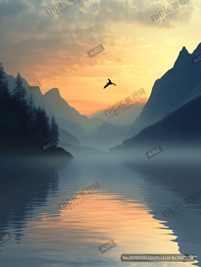 晨霧中飛鳥掠過山水湖景