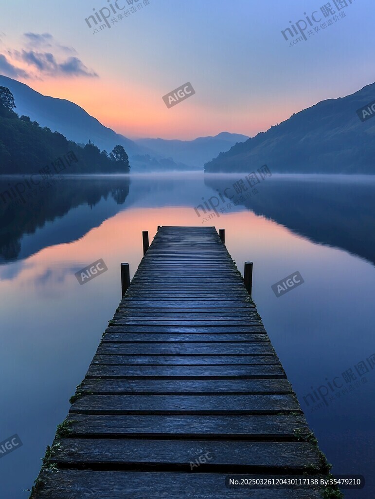 寧靜湖畔的晨光木棧道