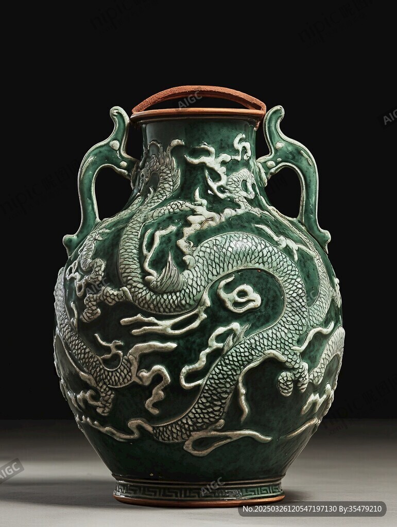 綠釉雙龍紋雙耳瓷花瓶