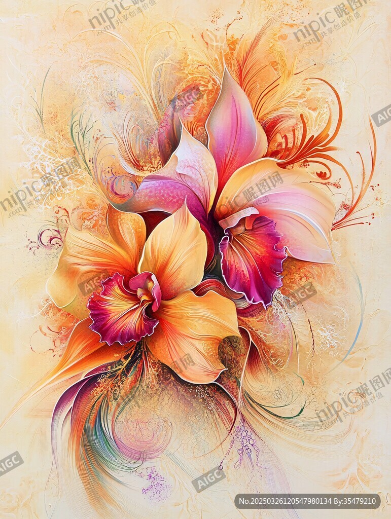 夢幻絢麗的蘭花花卉插畫