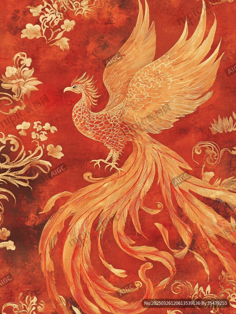 金鳳凰于紅花間展翅
