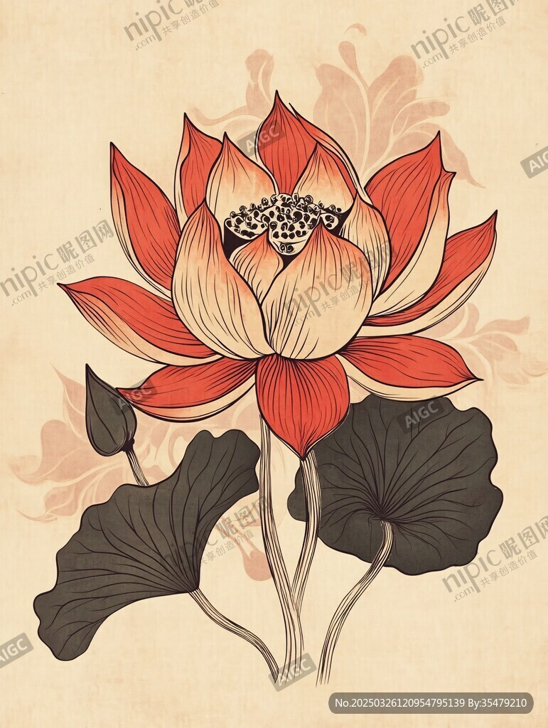 中式手繪荷花插畫作品