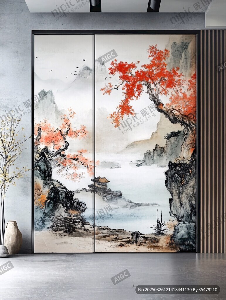 中式山水紅葉屏風(fēng)裝飾畫