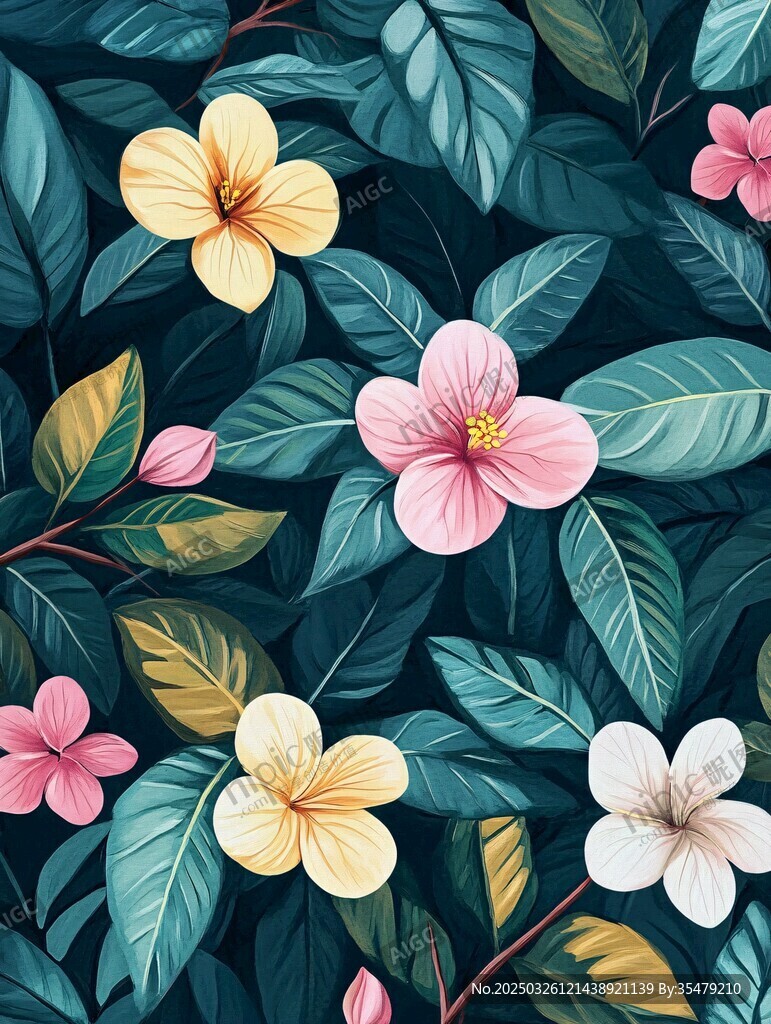 花卉綠葉圖案的清新壁紙