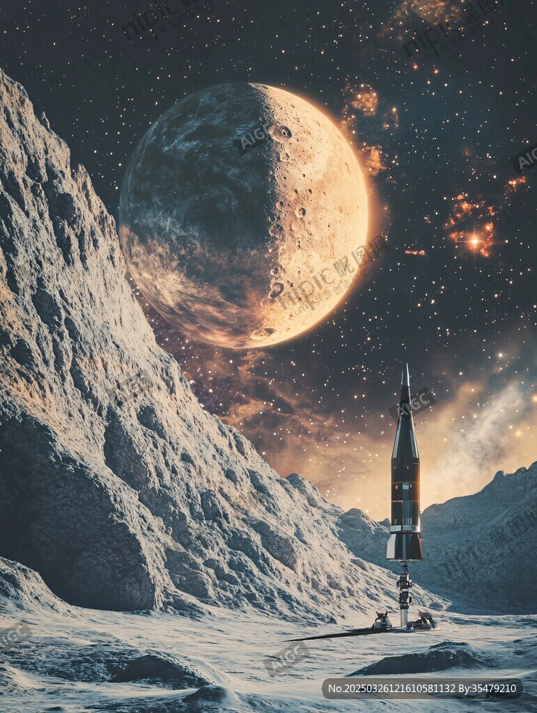 月球旁的火箭奇幻宇宙景