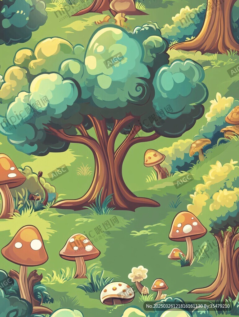 奇幻森林中的蘑菇與大樹