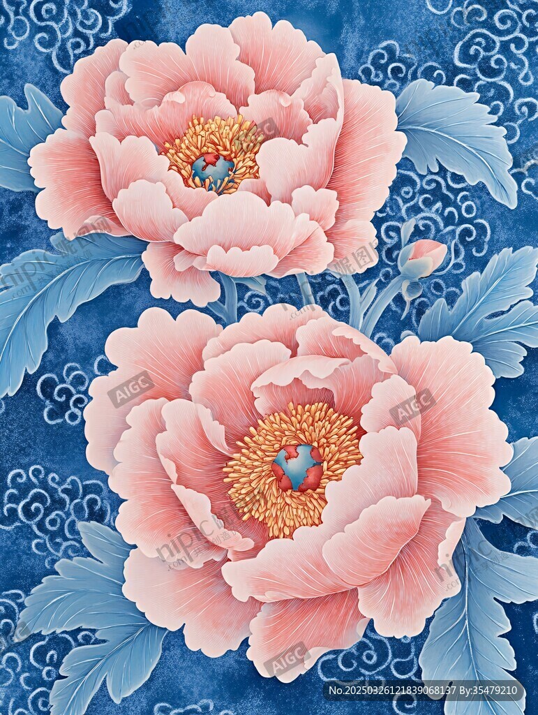 藍底雙生粉色牡丹花圖案