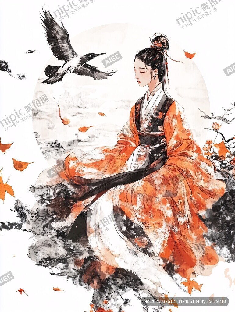 古風(fēng)女子與飛鳥(niǎo)秋景圖
