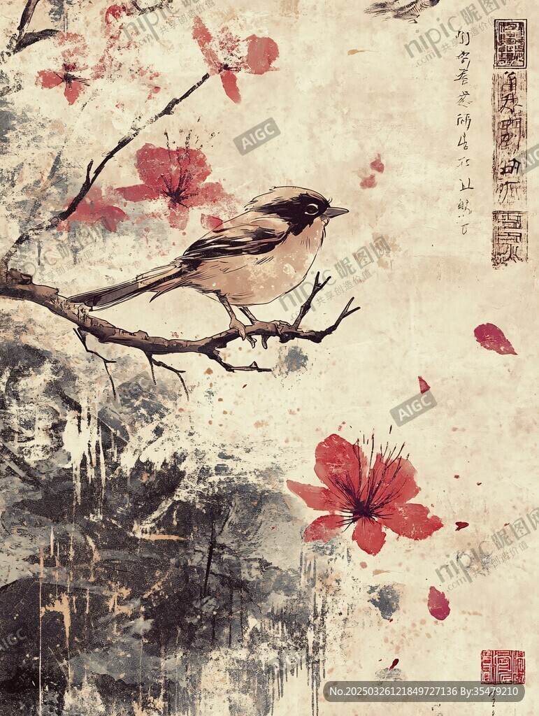枝頭棲鳥繪中式雅致景
