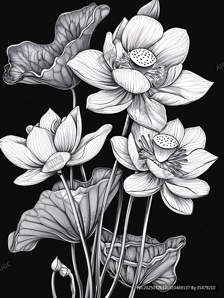 黑白荷花插畫
