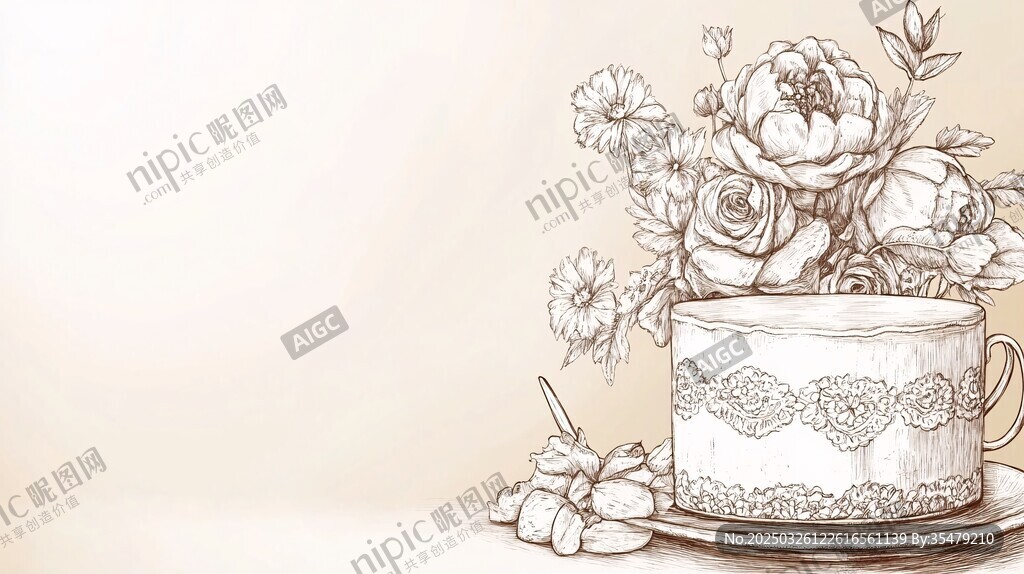手繪茶杯插花藝術(shù)圖