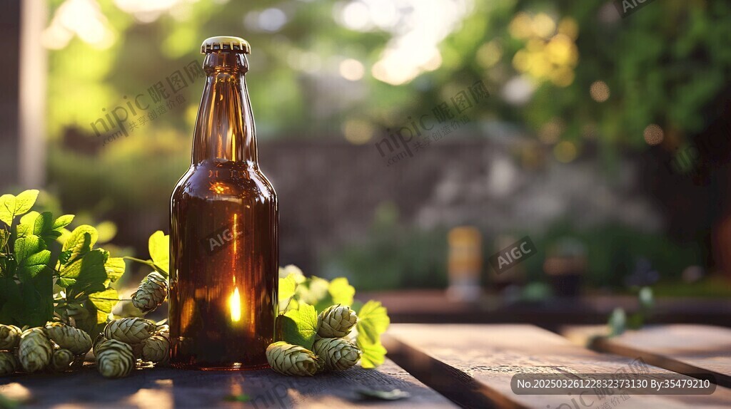 戶外木桌上的啤酒與酒花