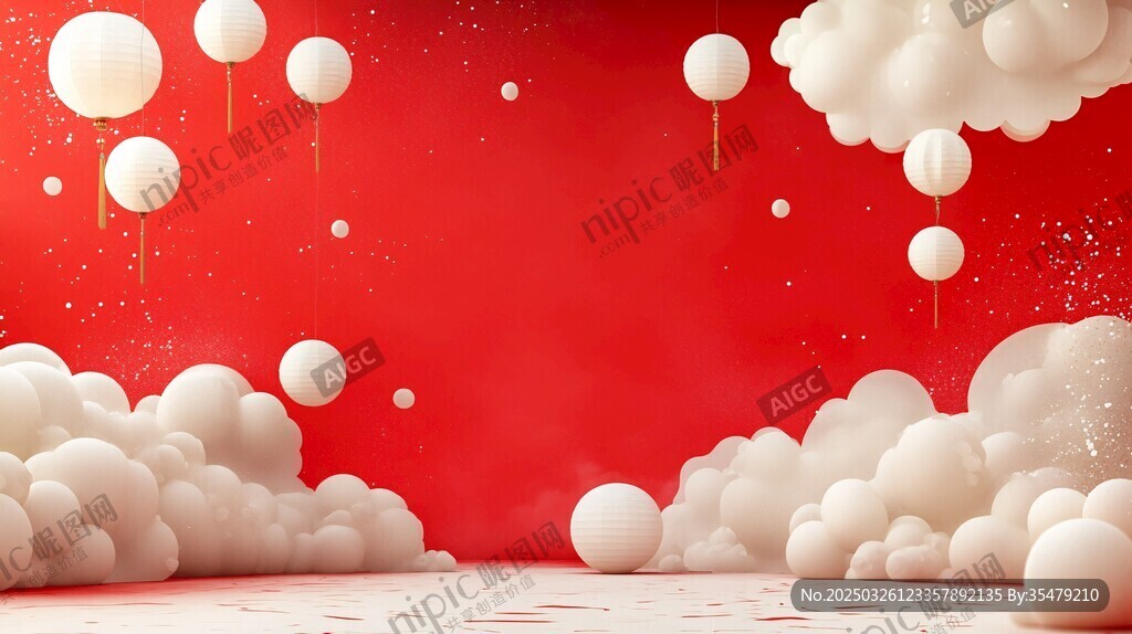 紅色背景夢(mèng)幻云朵氣球場(chǎng)景