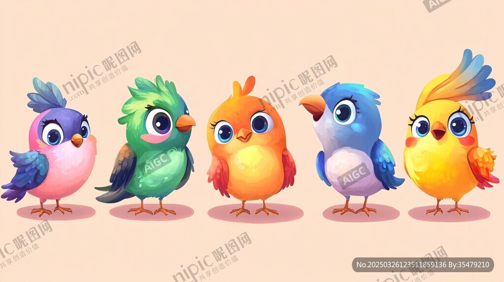 五只色彩斑斕的可愛小鳥