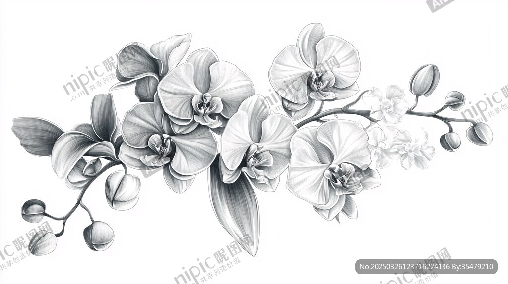 黑白優雅蘭花枝插畫