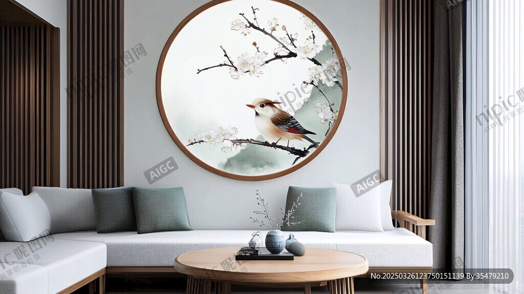 中式客廳中的花鳥圓形掛畫