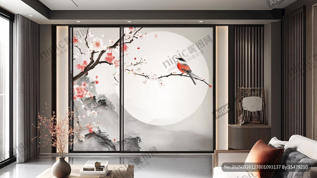 中式花鳥背景墻雅致客廳