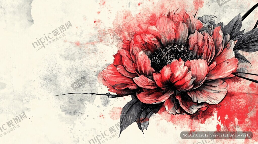水墨風紅牡丹花卉圖