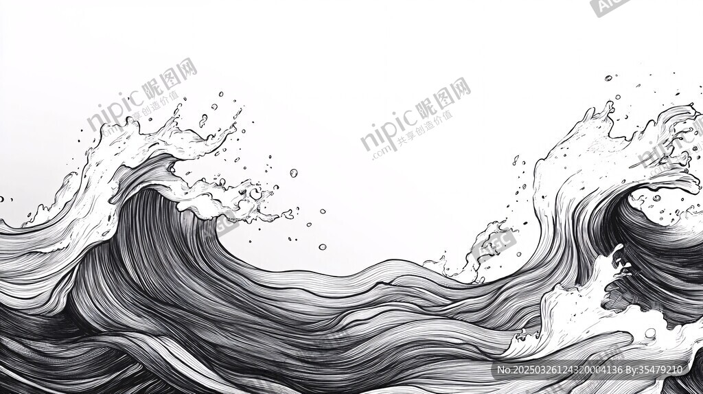 黑白水墨風(fēng)格海浪藝術(shù)圖
