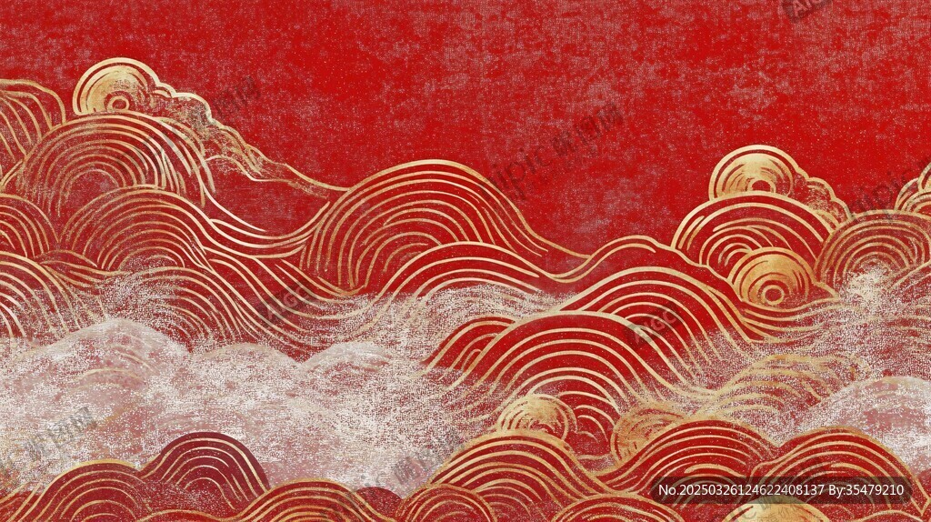 中式紅金海浪云紋背景圖