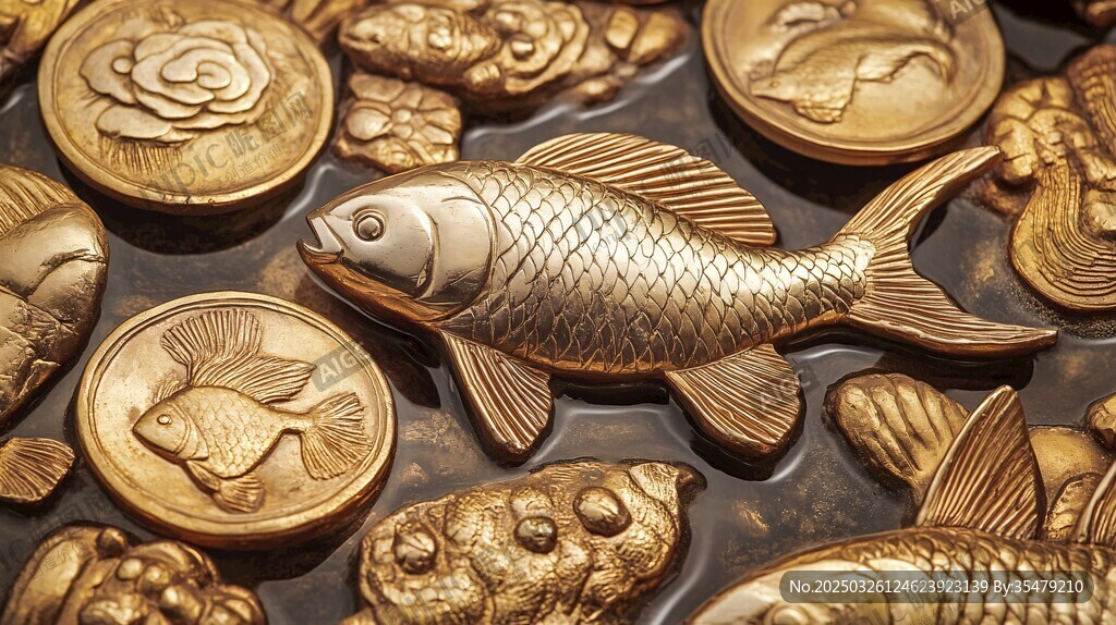 金色魚形及錢幣金屬擺件