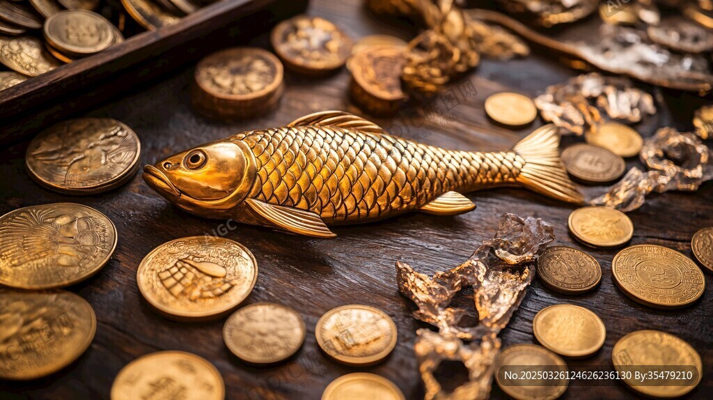 金鯉魚伴古幣 盡顯古韻