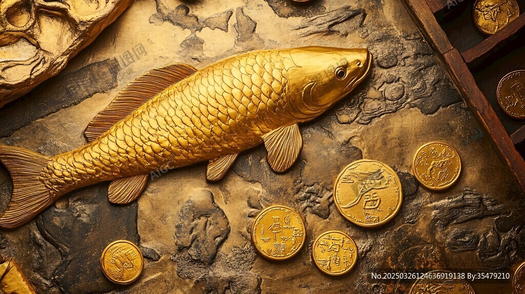 金色鯉魚與古錢幣擺件