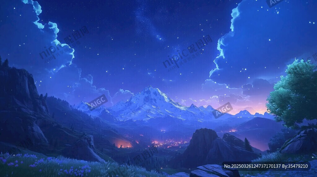 夢幻星空下的壯美山間景色