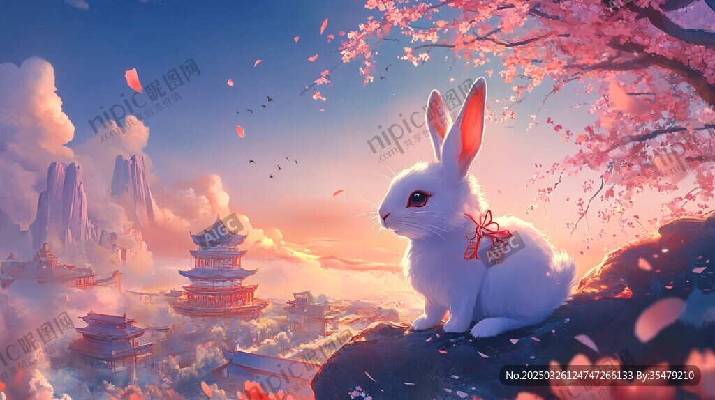 玉兔賞景于夢幻仙景之中