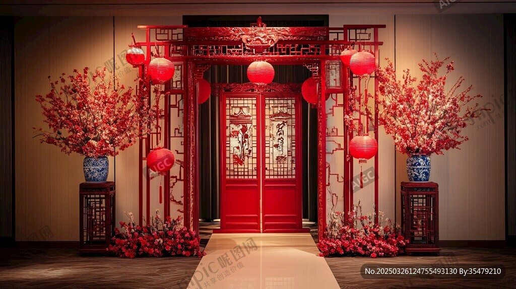 中式婚禮布置 喜慶紅門場景