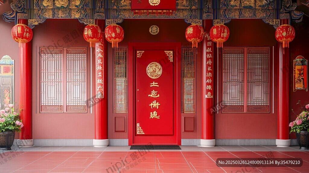 中式廟宇紅門喜慶景象