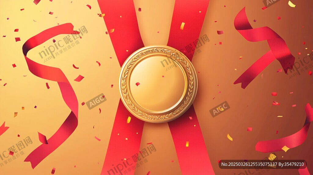 金色勛章配紅綢彩帶慶祝