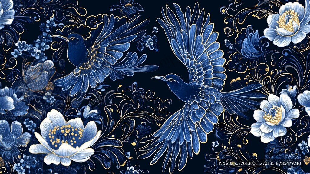 藍底花鳥中式精美紋樣