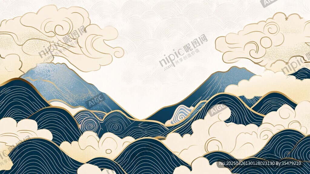 中式山水云紋古風(fēng)插畫