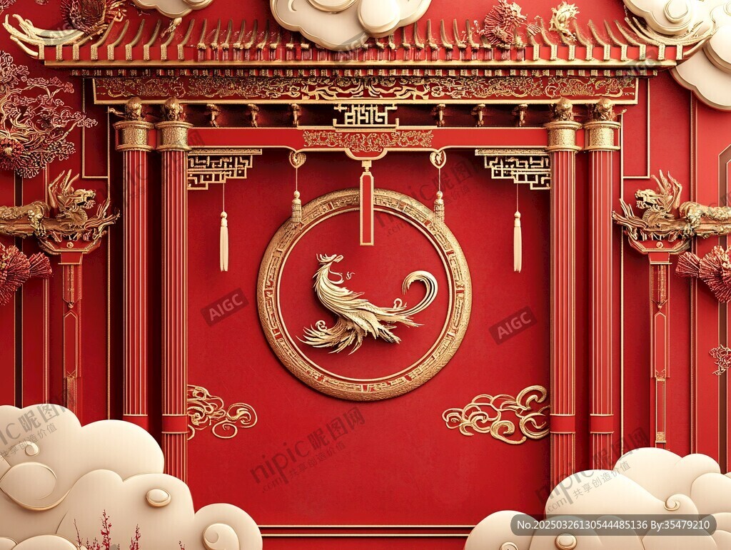 中式紅墻鳳飾華麗場景