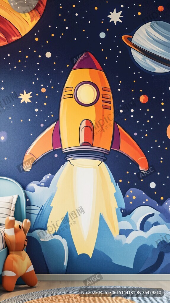 兒童房夢幻火箭星空墻繪