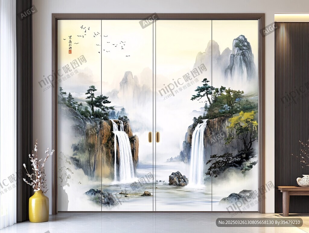 中式山水意境入戶門裝飾畫
