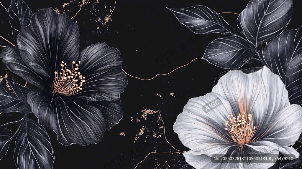 黑白花卉藝術插畫
