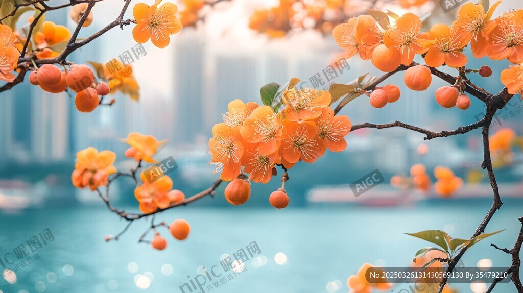 橙花滿枝映城市水景