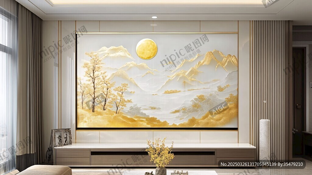 客廳中式山水壁畫裝飾